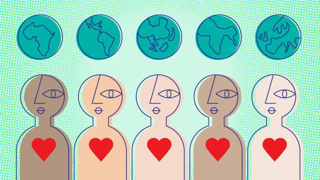 diverse people drawn in a line with hearts inside and world globe above their heads with pale green backround