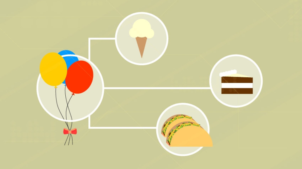balloons, ice cream, cake and tacos in white circles and connected by white lines