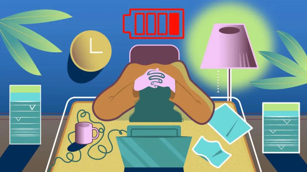Person with head on desk with hands on head sleeping by computer and coffee cup