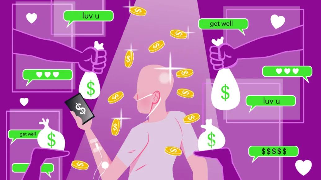 Person standing with bag of coins floating, purple background