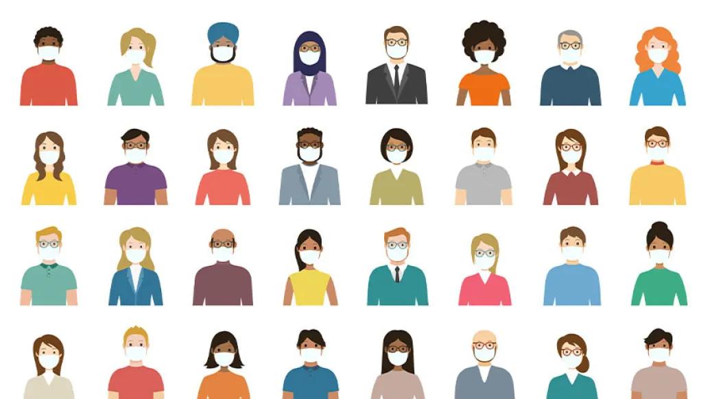 all different looking cartoon people wearing masks all assembled in rows from chest up