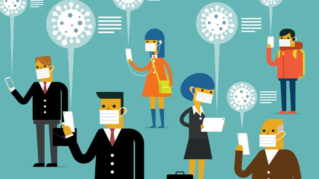 teal backdrop of cartoon people walking around with masks on and on their phones with the corona virus symbol sticking out of it