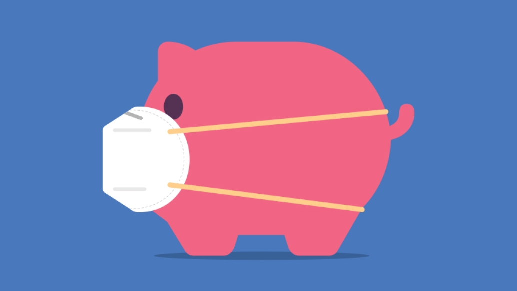 cartoon pink pig on blue background wearing white mask over mouth 