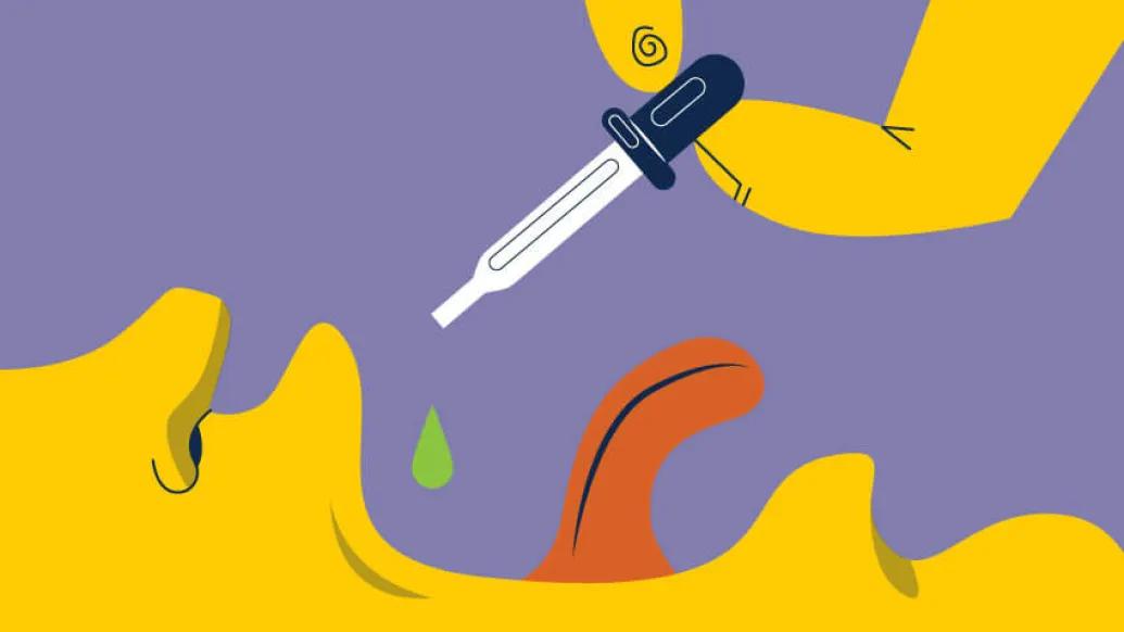 Hand putting cbd drops in mouth for chronic thc pain fibromyalgia