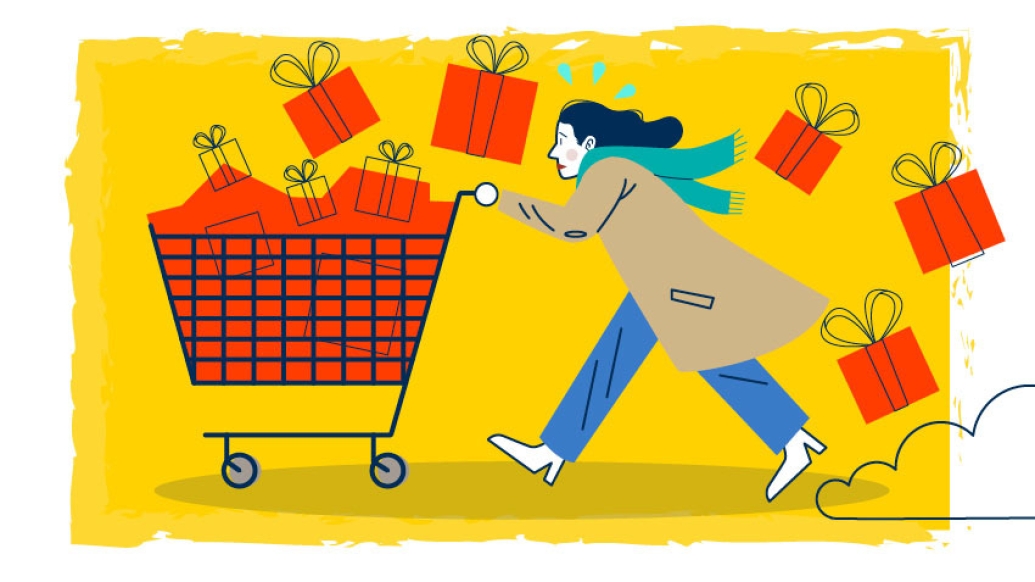 women pushing shopping cart with gifts falling out in yellow and red