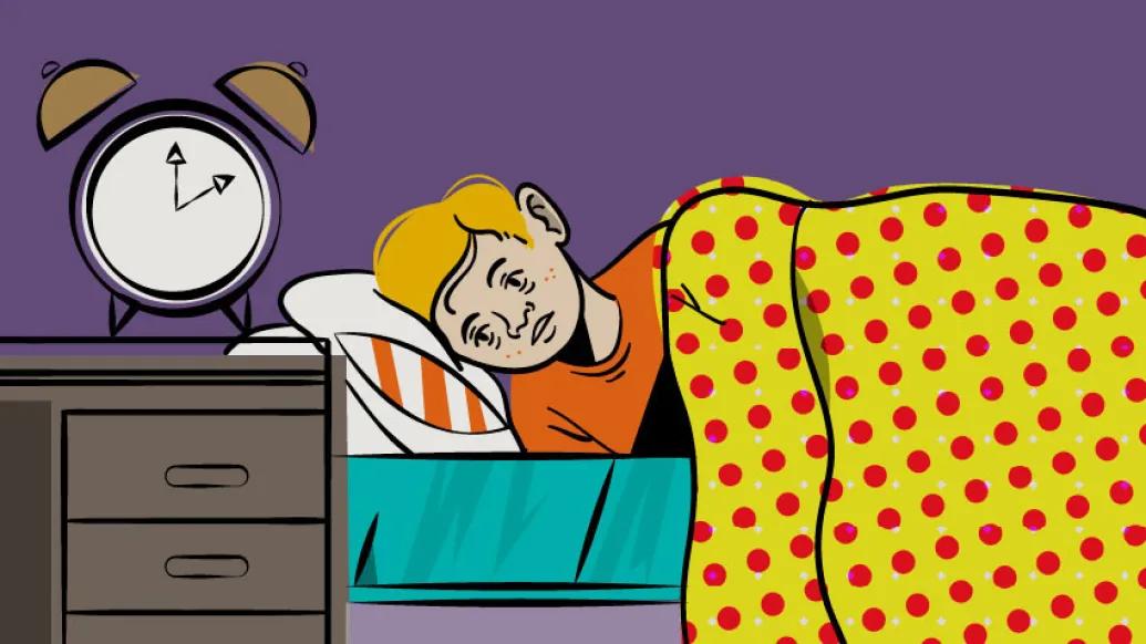 Child tired purple skin color in bed covered with yellow blanket. 