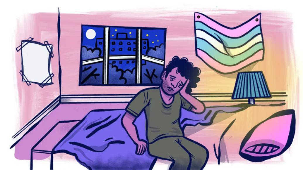 Tired person sitting on bed tilting and holding head, droopy eyes
