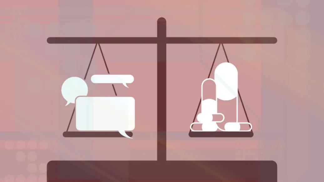 Balanced scales representing the value of drugs and talk therapy to depression patients