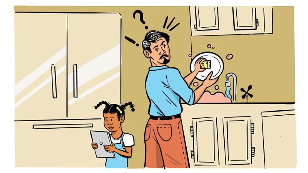 Child on device with parent in kitchen