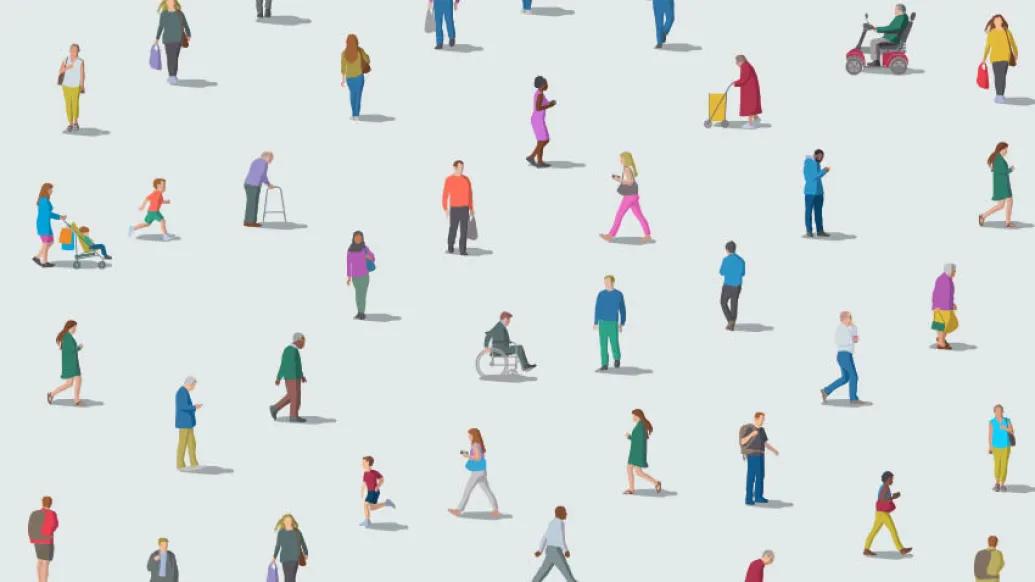 different people moving around with different modes of transportation