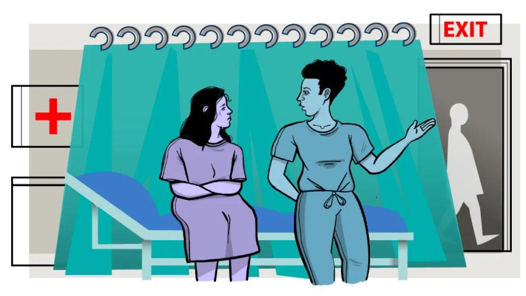 er patient crying talking to medical care with teal and purple and grey colors behind curtain