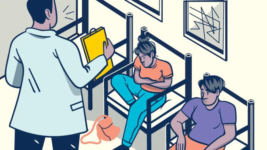 graphic of woman sitting in waiting room in extreme pain holding stomach next to another patient with doctor holding paper in front