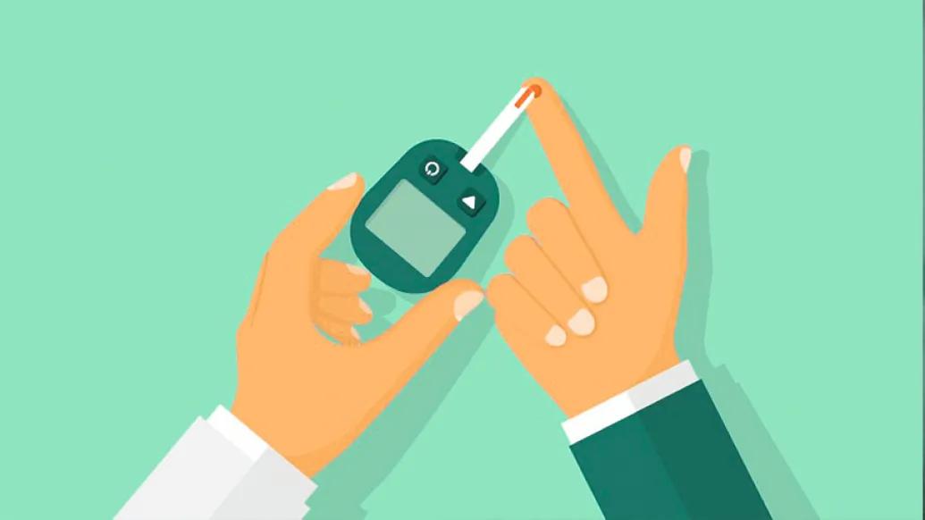 finger prick glucose blood glucometer green background two hands holding it and pricking finger