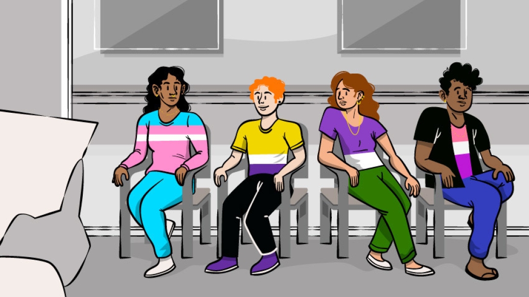 Four gender-diverse people sitting in chairs at doctor’s office in vibrant color against a background of grey, each wearing the colors of a gender identity pride flag. From left to right, the gender identity flags represented are; transgender, nonbinary, genderqueer and gender fluid.