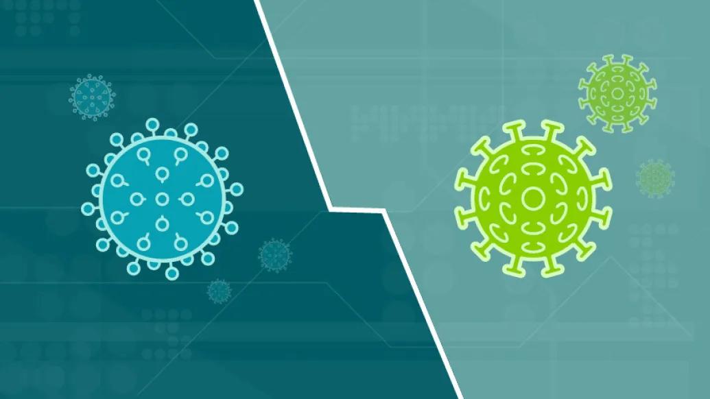 blue and green cells floating around on dark and light teal background