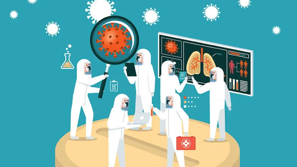 cartoon drawing of experts in white ppe with teal background and screens up talking about COVID