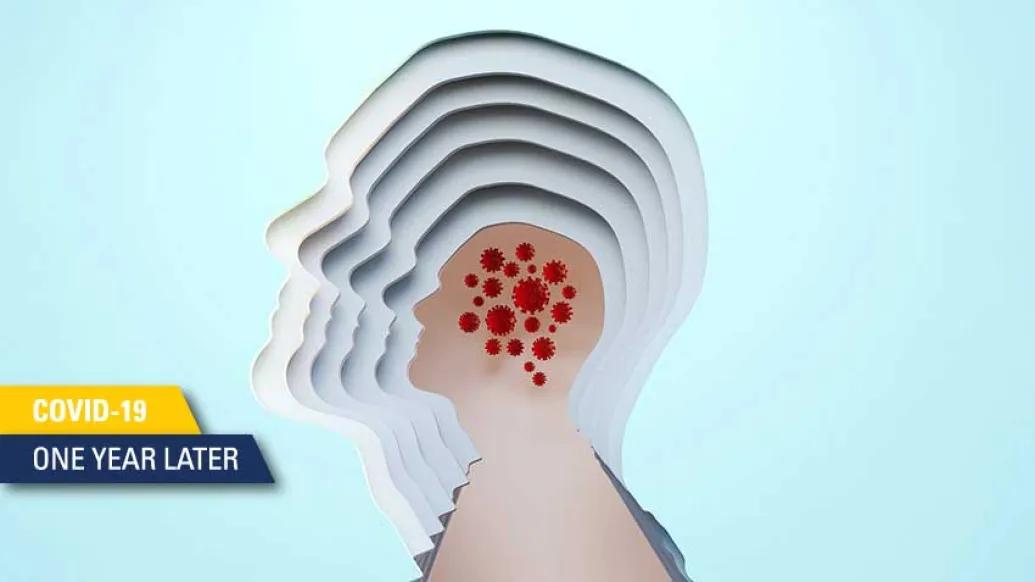grey outline on light blue background of see through head and neck with the smallest one inside being full of covid red cells