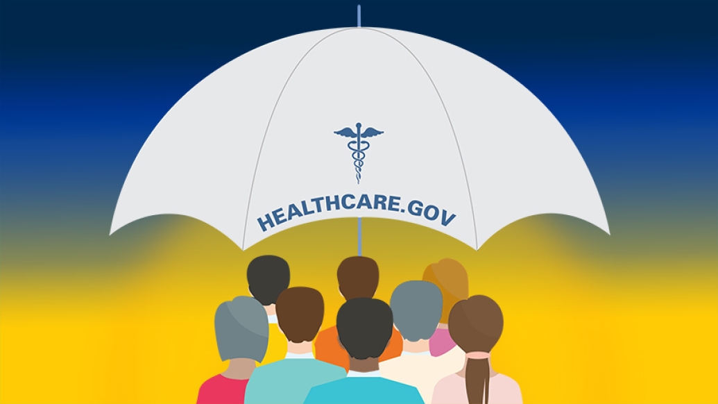healthcare.com government umbrella with people underneath it and blue and yellow ombre background