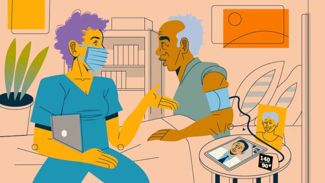 Provider in mask and scrubs sitting on edge of bed talking to patient.