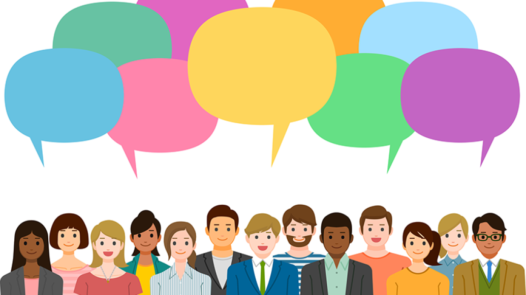 Graphic of a variety of people with speech bubbles above.