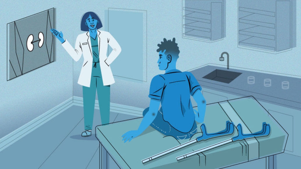 Doctor talking with patient on hospital bed showing kidney X-ray, blue background