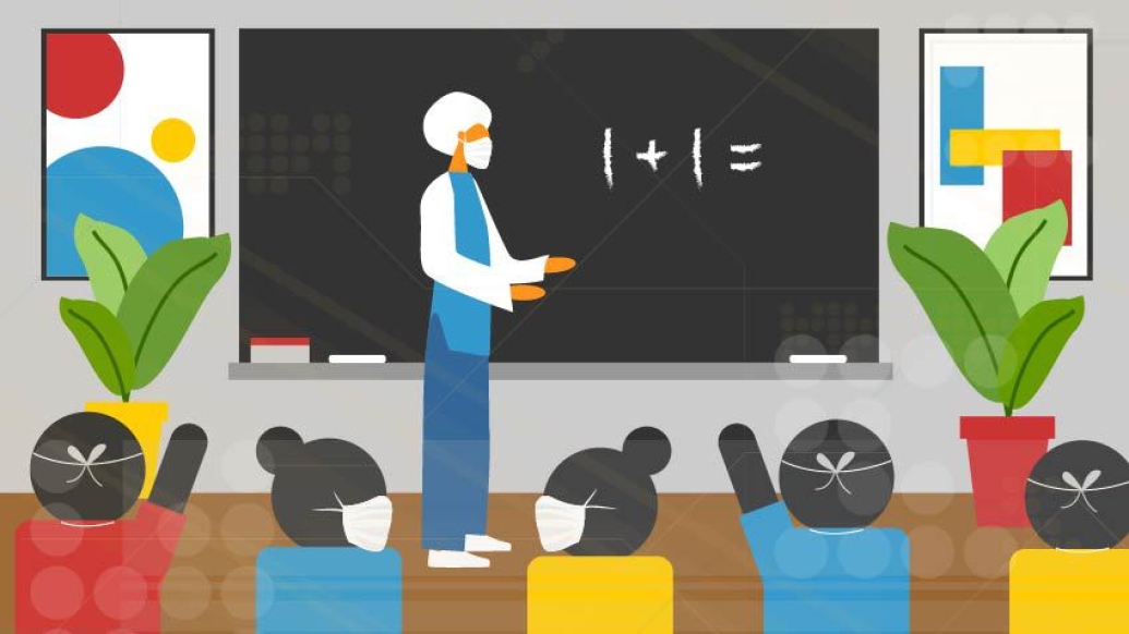 teacher in front of black board teaching kids who are raising hands