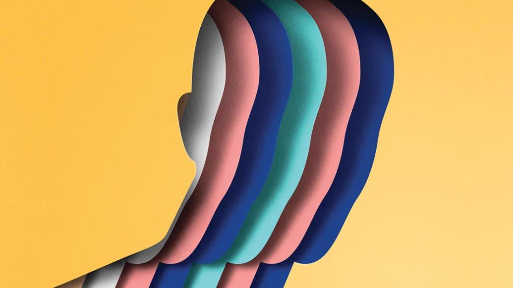 Abstract art of layered silhouette profiles in blue, pink, teal, and gray on a yellow background