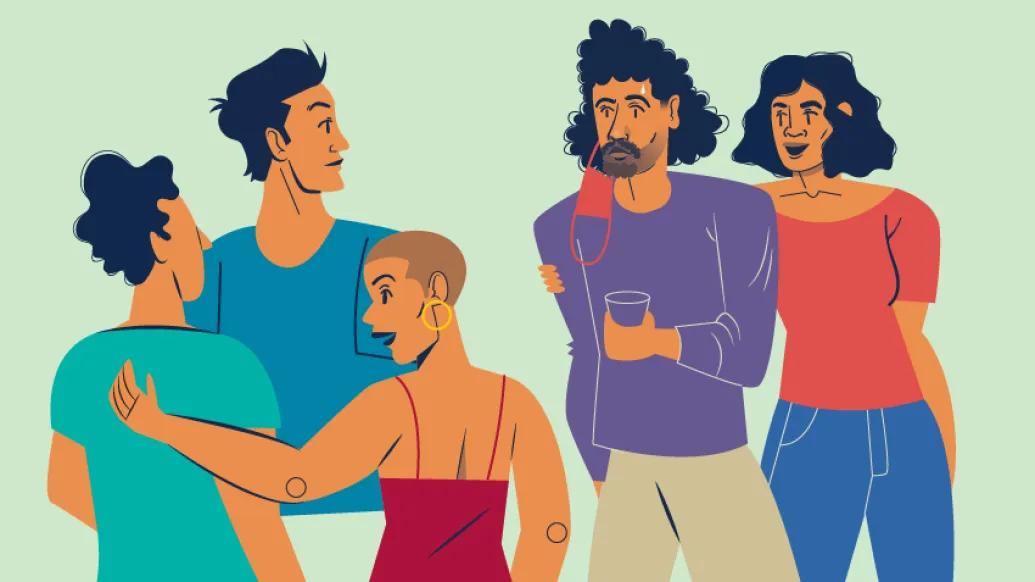 friends standing together with one persons mask off and seeming anxious