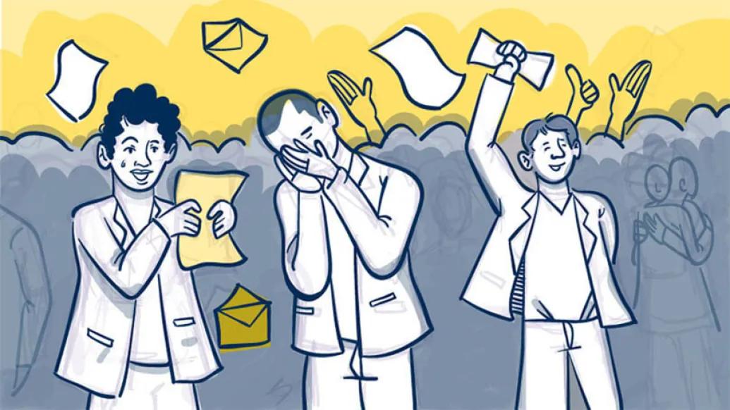 Three excited people on match and hands in the air on yellow and gray background