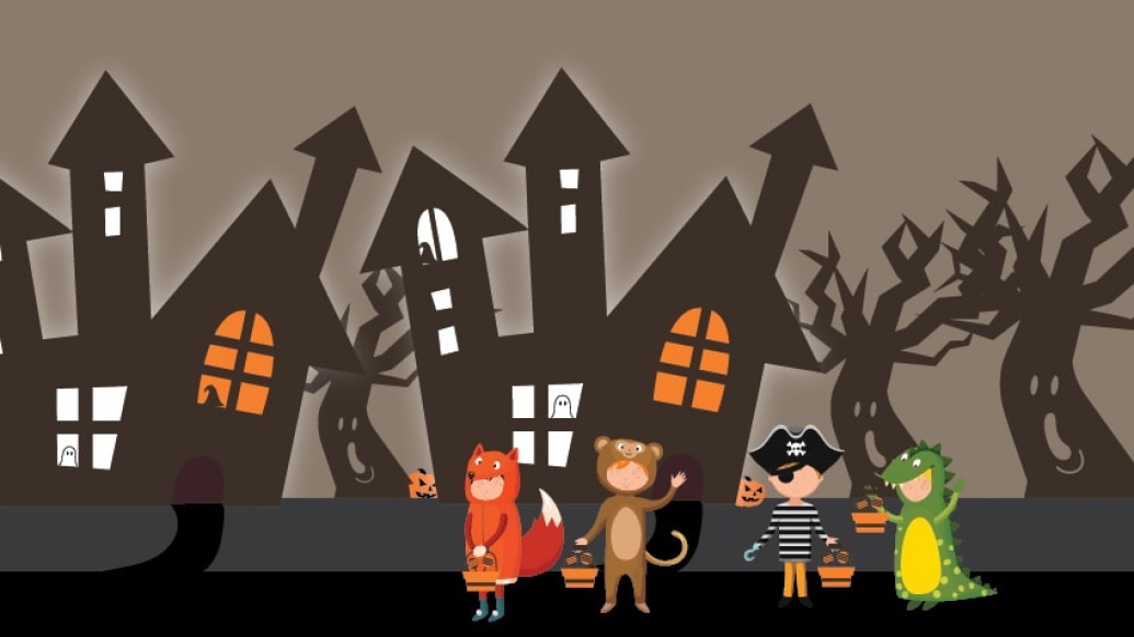 Image of haunted houses and trick or treaters outside