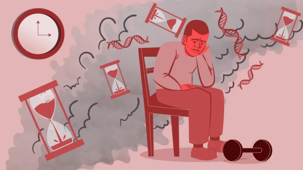 muscle weakness guy sitting clock on wall pink red and grey smoke and time clocks tired weight on floor