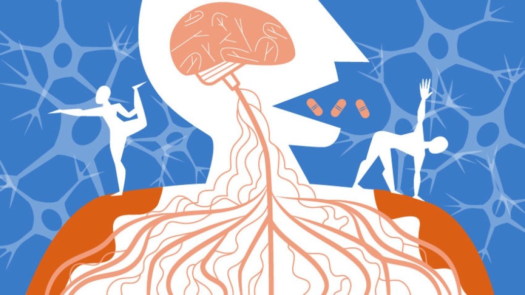 figure of person drawn seeing lines inside from brain and yoga poses on shoulders, pills going into mouth and cream on shoulders orange blue white
