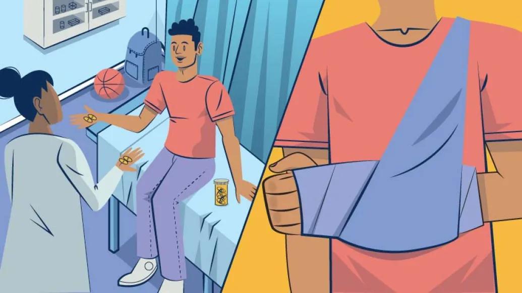 teen in bed and then on right with arm in purple sling