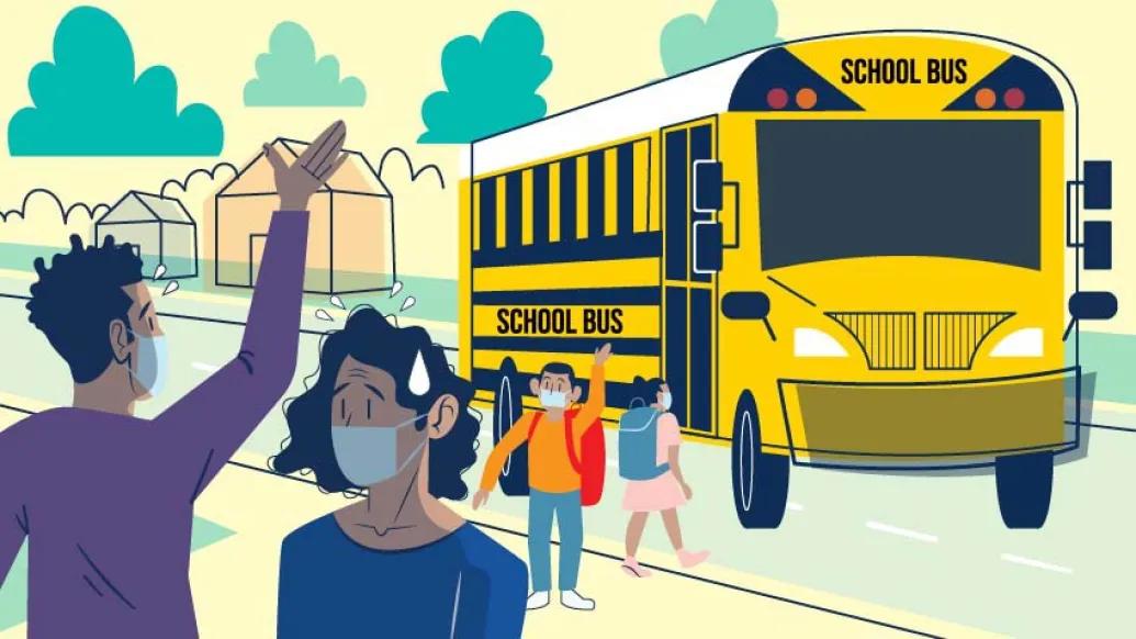 parents masked looking worried and waving to kids in masks going on yellow bus
