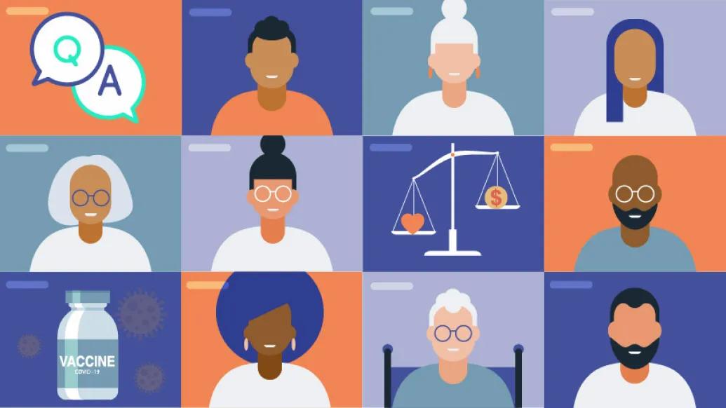 multiple people's faces in the grid with vaccine bottle and QA