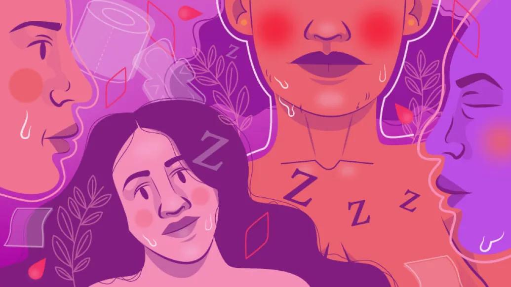 artistically drawn woman drawn and floating in background in purples in red sweating and feeling different symptoms