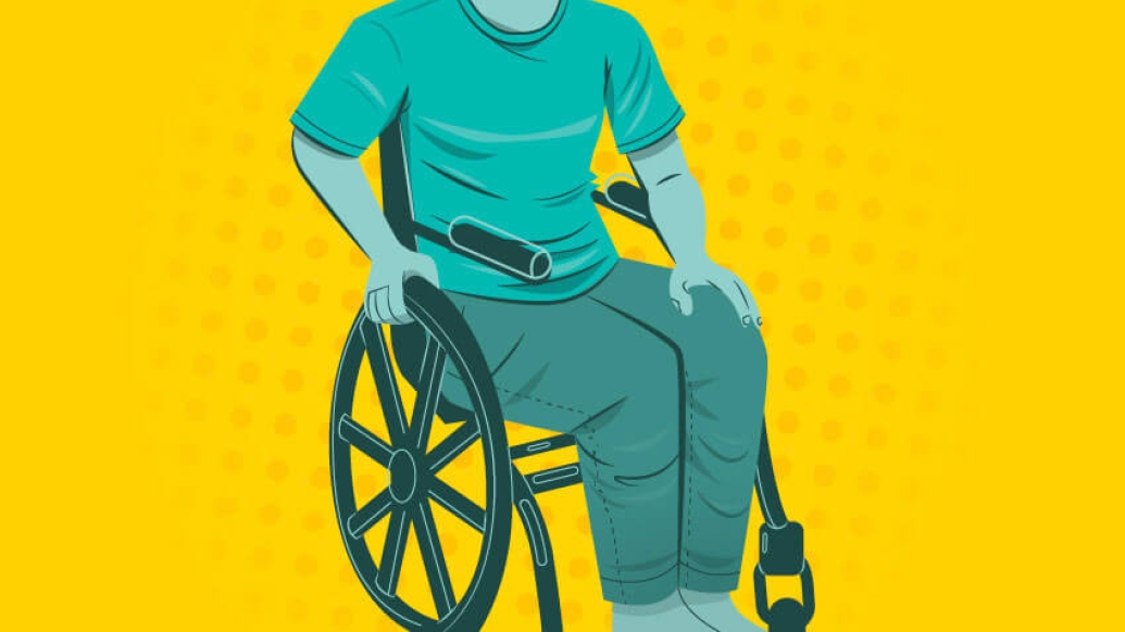 A person in wheelchair with teal clothes on yellow background