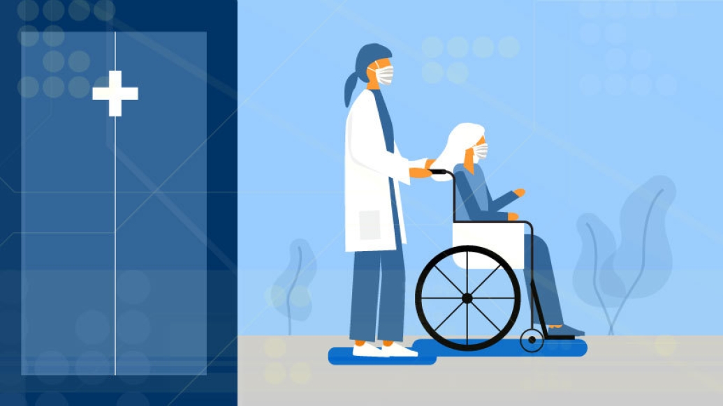 graphic of person wheeling person in wheelchair