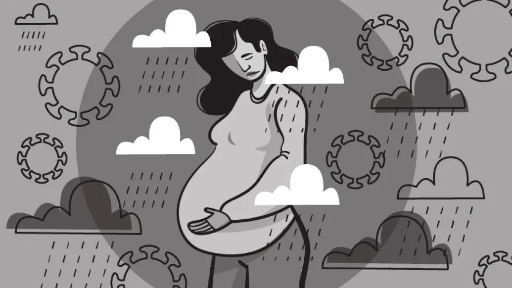 woman standing sad in black and white pregnant and covid cells floating around