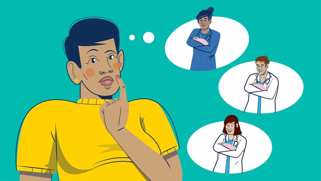 woman thinking of pregnancy experts in thought bubbles 