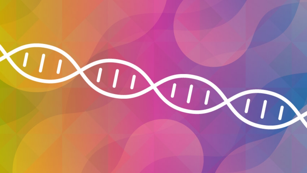 DNA graphic in white with rainbow colors behind