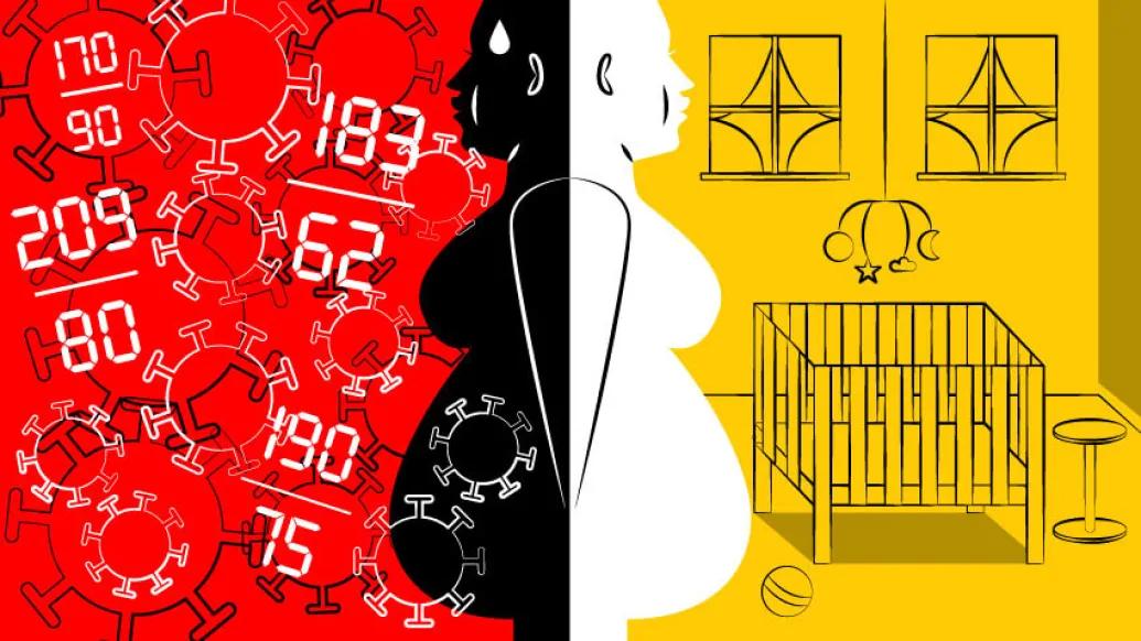 Red covid cells outline of pregnant woman on yellow background baby room