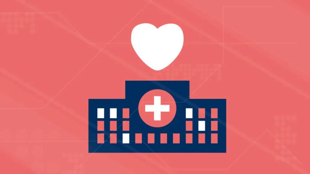 white heart over navy blue hospital with red background