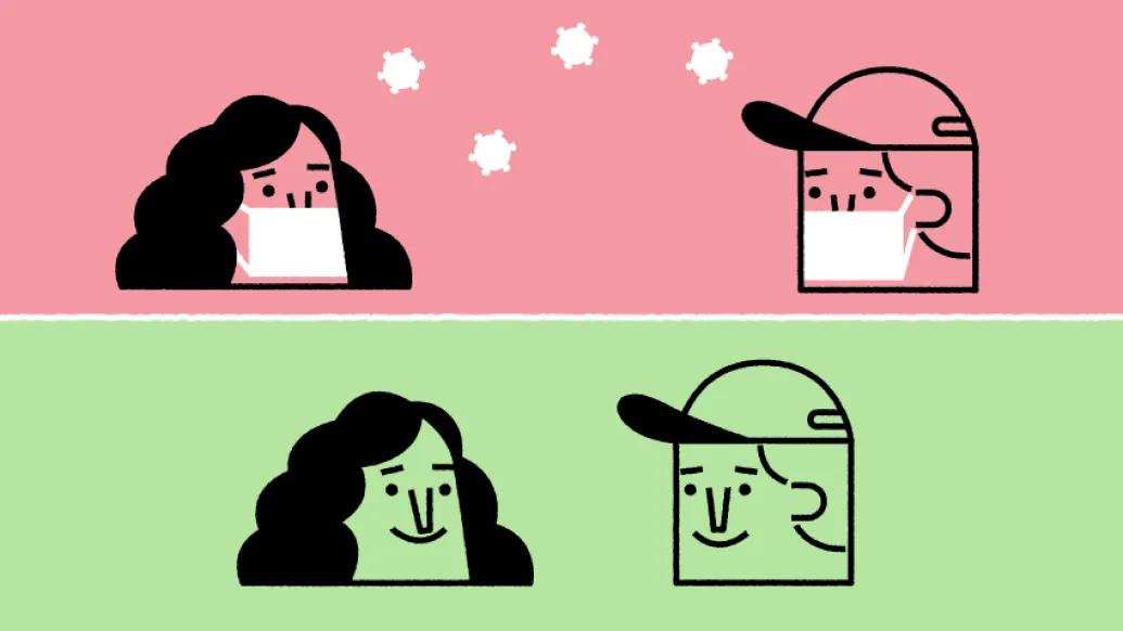 pink and green background with black sketched talking heads with masks on and covid white particles flying around