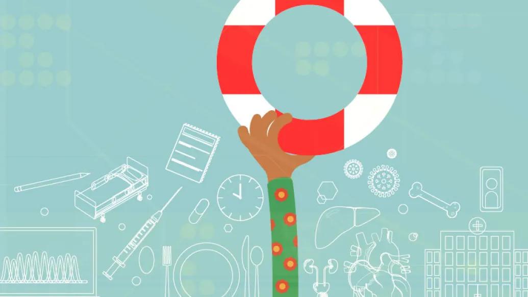 teal background with medical equipment floating around in white with arm reaching out with green sleeve and floatation device that's red and white.