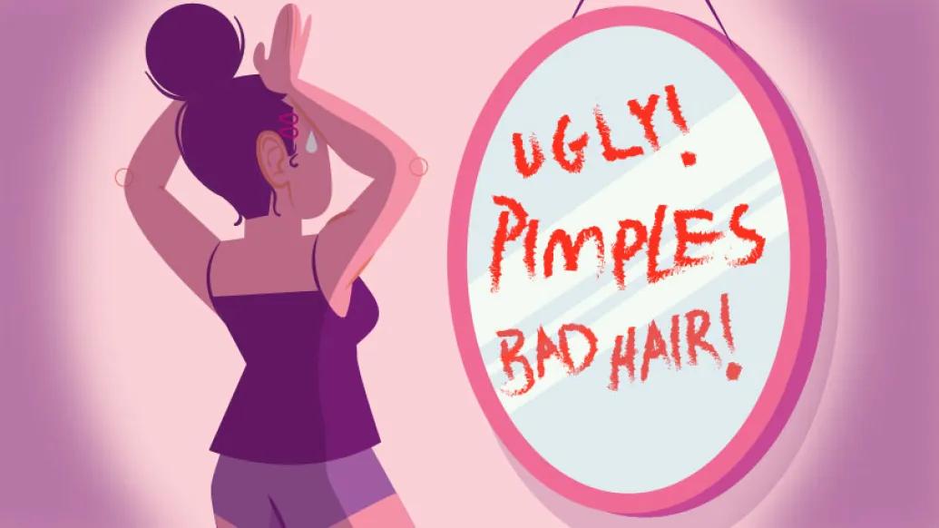 Girl looking in mirror reading ugly, pimples and bad hair