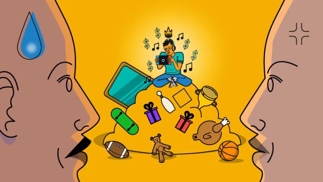 two adult heads on right and left close up looking worried with sweat dripping off left person's head while child sits on top of toy pile busy with electronics instead