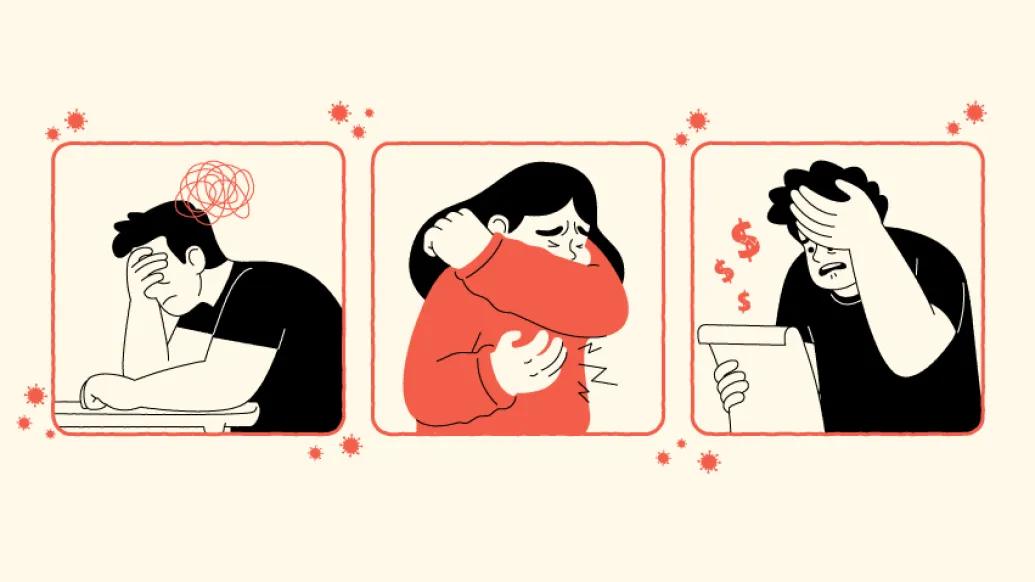 three people coughing and looking stressed in black and red