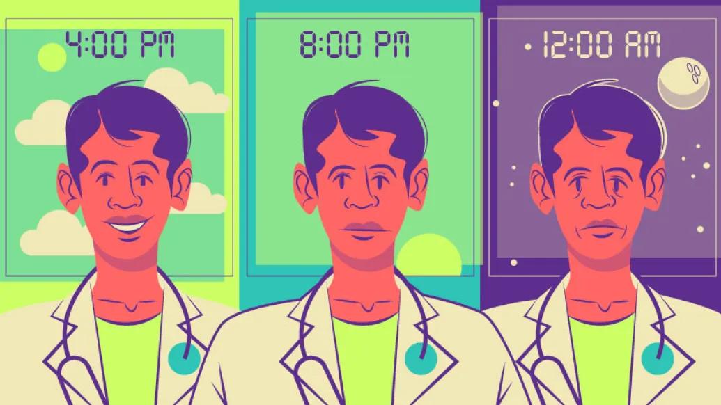 three doctor faces smiling not smiling through day to night green and purple