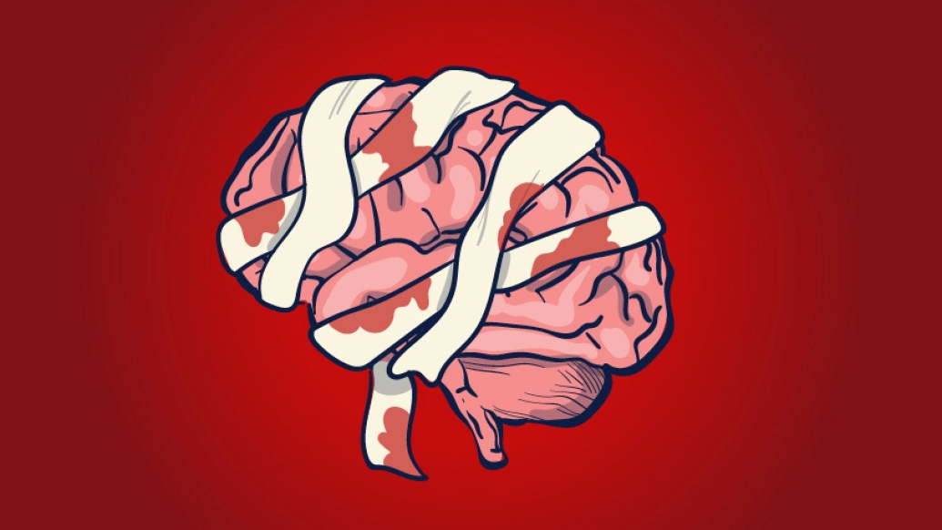 brain with bandages on it pink and red
